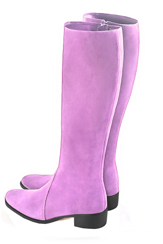 Mauve purple women's riding knee-high boots. Round toe. Low leather soles. Made to measure. Rear view - Florence KOOIJMAN